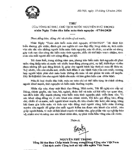 Thư của Tổng Bí thư, Chủ tịch nước Nguyễn Phú Trọng gửi thư nhân Ngày 'Toàn dân hiến máu tình nguyện'